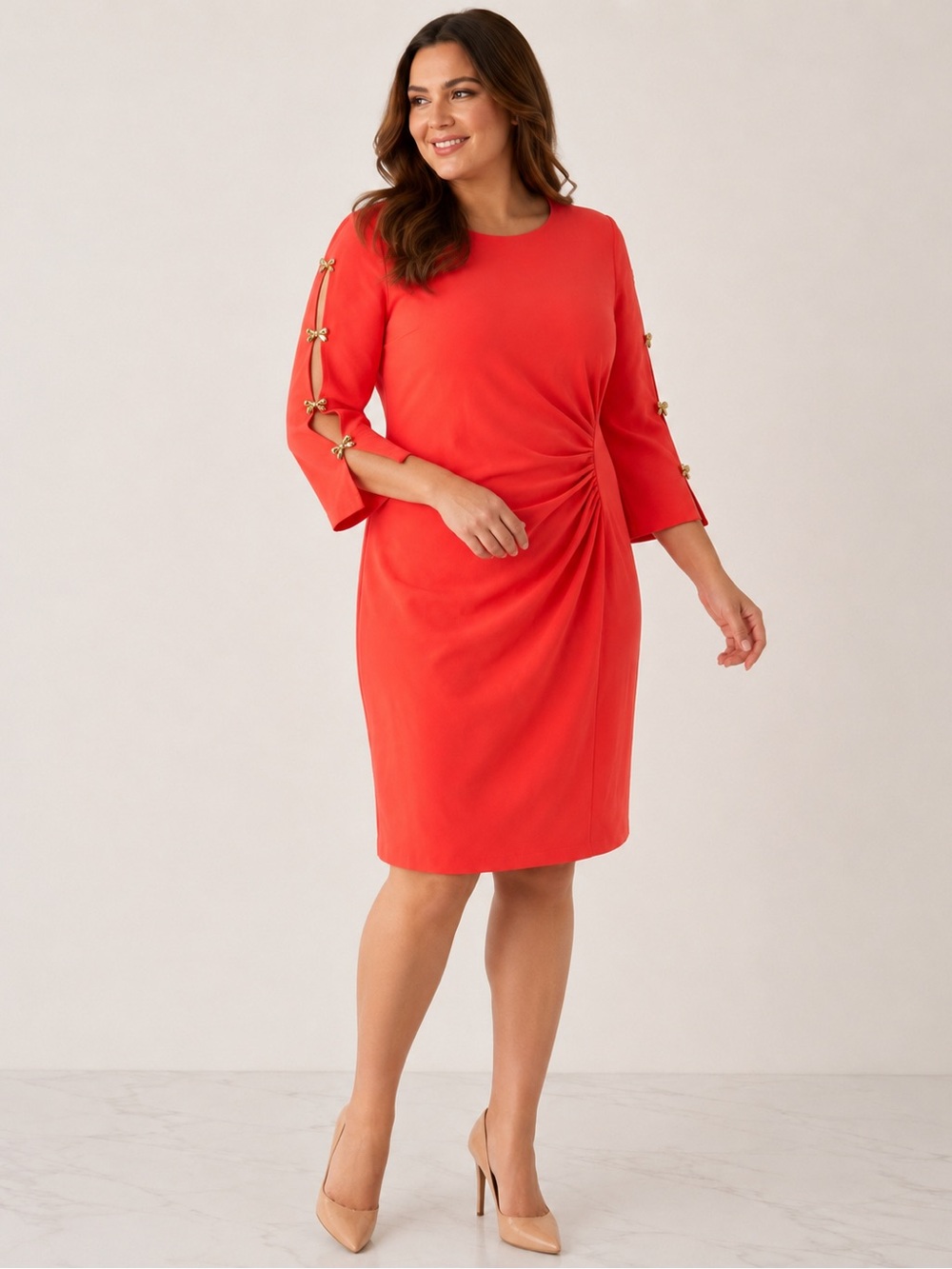 Shelby & Palmer Coral Ruched Midi Dress Size 16 Gold Bow Sleeves
